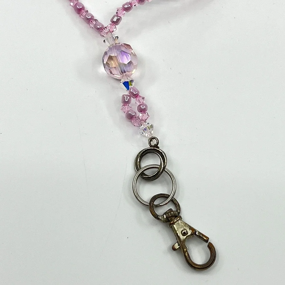 Vintage Y2K Pink Crystal Beaded‎ Lanyard Necklace ID Badge Holder Retro Boho